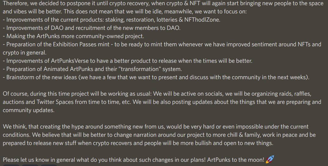 ArtPunksNFT's tweet photo. Hey Fam! 
We just published an important announcement on our Discord.

Please read it and share your thoughts about it here in the comments or on our Discord chat. We will answer all questions.

Have a happy Sunday! ♥️ https://t.co/7G8CeRYp6L