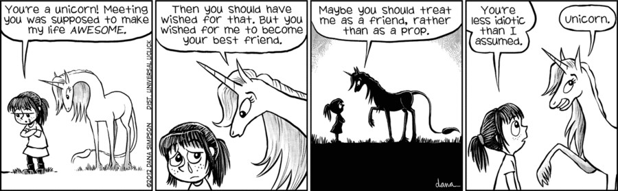 A four-panel Phoebe and Her Unicorn strip: Phoebe complains that Marigold w...