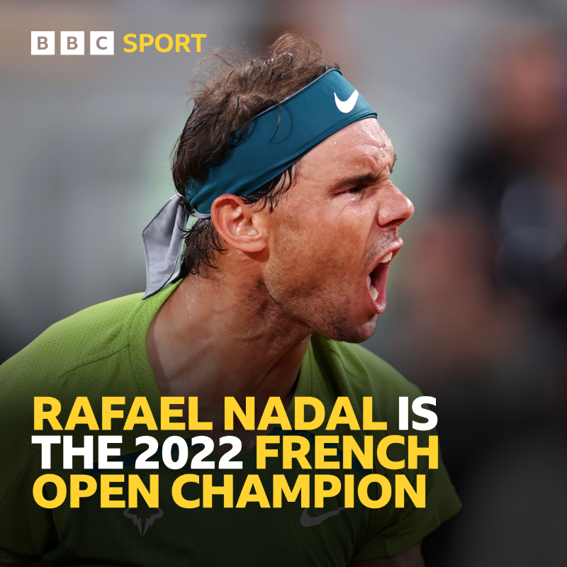 BBCSport's tweet photo. RAFAEL NADAL HAS DONE IT 🏆 

1️⃣4️⃣ French Open titles.
2️⃣2️⃣ men's Grand Slam singles titles.

Nadal 6-3 6-3 6-0 Ruud.

📻📲 Listen on @BBCSounds and follow 👇 

#RolandGarros #BBCTennis