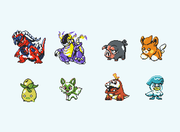 Essentures's tweet photo. Made GSC sprites of #ScarletViolet #Pokemon for practice. You can use them for whatever you want. No credits needed. Have fun! ^^
#Koraidon #Miraidon #Lechonk #Pawmi #Smoliv #Sprigatito  #fuecoco #quaxly https://t.co/QZEYBYzdBI