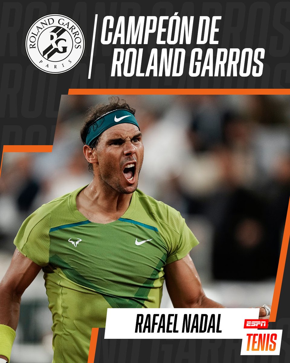 ESPNtenis's tweet photo. ¡14 VECES RAFAEL NADAL! 🇪🇸🔥

El español aplastó a Ruud por 6-3, 6-3 y 6-0, levantó su decimocuarto título en #RolandGarros y el Grand Slam N°22 de su carrera. 😱

👊 LEYENDA.

@RafaelNadal https://t.co/xEQLmtgOwp