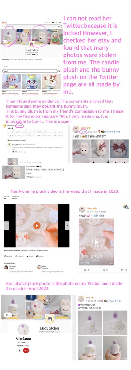 bbiryo's tweet photo. The image thief @MioStitches has been stealing my handmade plush photos for a long time, and disguised the plushes in these photos as handmade by herself, and finally reported the original author on Twitter. https://t.co/8SSa4MVAmb