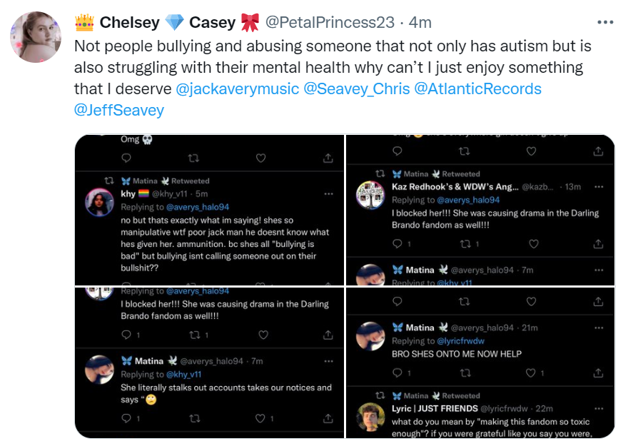 khy_v11's tweet photo. this is just to be clear: we are not abusing or bullying this person because she's struggling with her mental health or because she has autism. we're calling her out. and im happy she has that jack cameo, but if you scroll through the rest of her tweets, u see why we're saying it https://t.co/pq9qoaNbXF