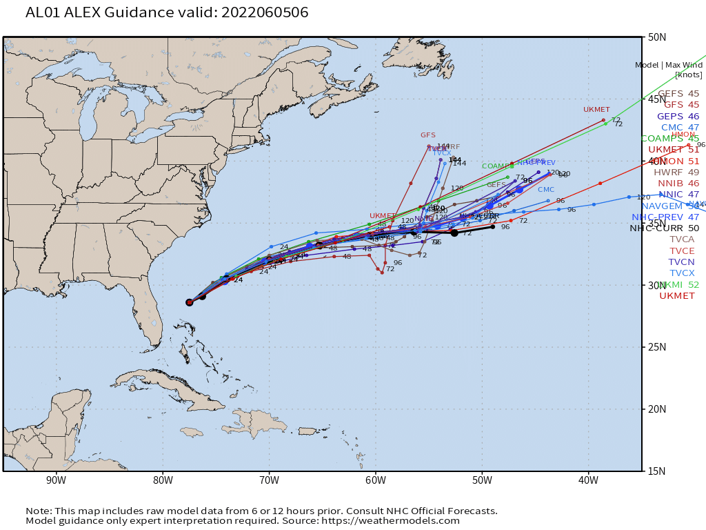 weathermodels_'s tweet photo. Better late than never?

As of early this morning, #PTCOne has become Tropical Storm #Alex off the East Coast.

The storm will impact Bermuda before moving off into open ocean.

Via NHC Spaghetti in the Model Lab.
MG https://t.co/AvsKitHM3Y