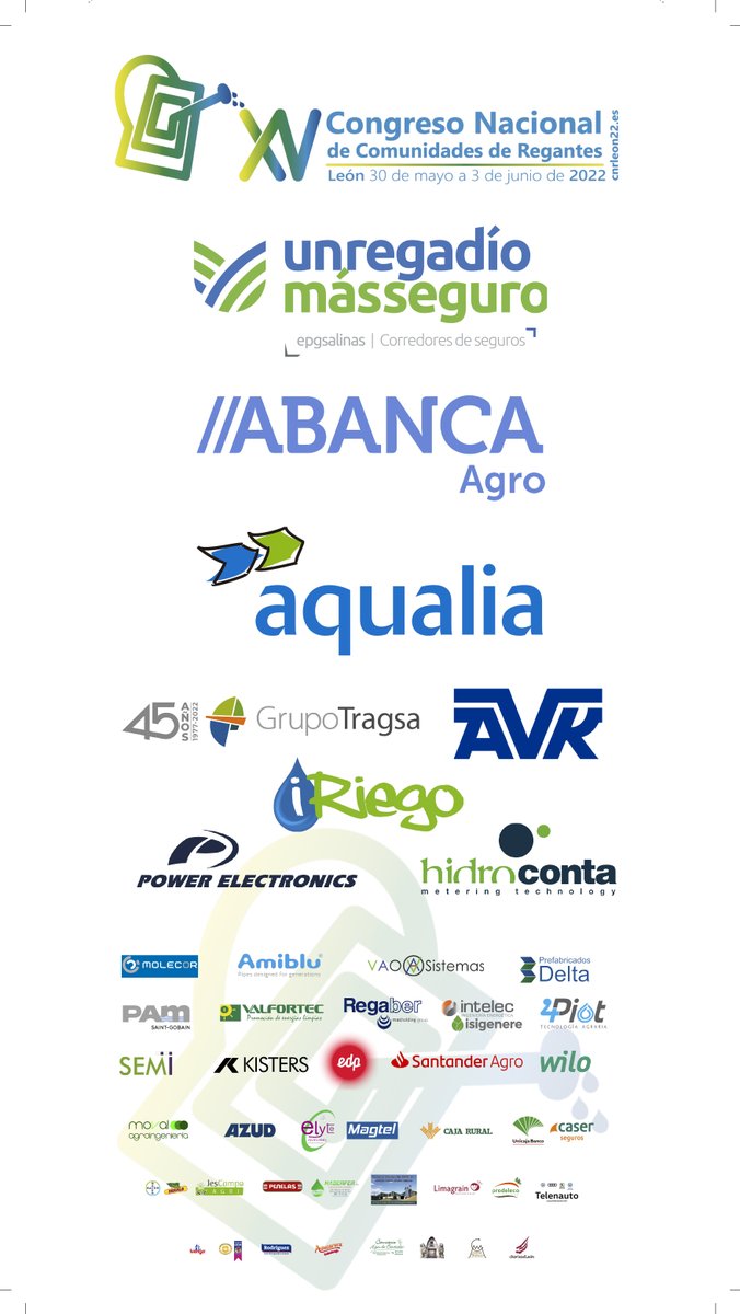 El XV Congreso Nacional de Comunidades y Regantes no podría haber sido una realidad si no hubiera contado con el apoyo de un gran número de empresas. ¡Un millón de gracias a todos los patrocinadores y colaboradores! 👏👏👏

#CNRLeón22 #gracias