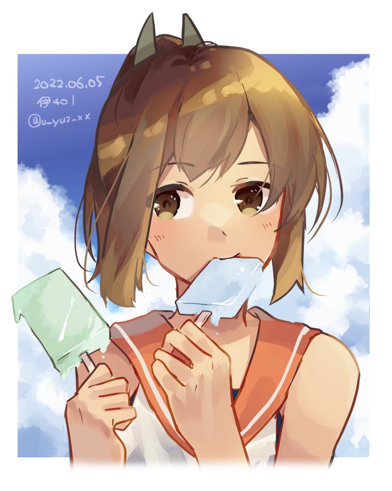 i-401 (kancolle) 1girl solo food brown hair sailor collar popsicle brown eyes  illustration images