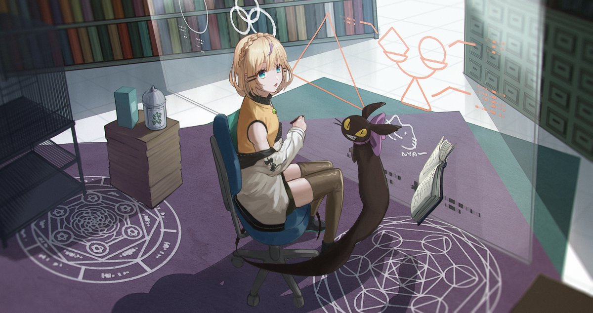 1girl book blonde hair sitting thighhighs cat blue eyes  illustration images