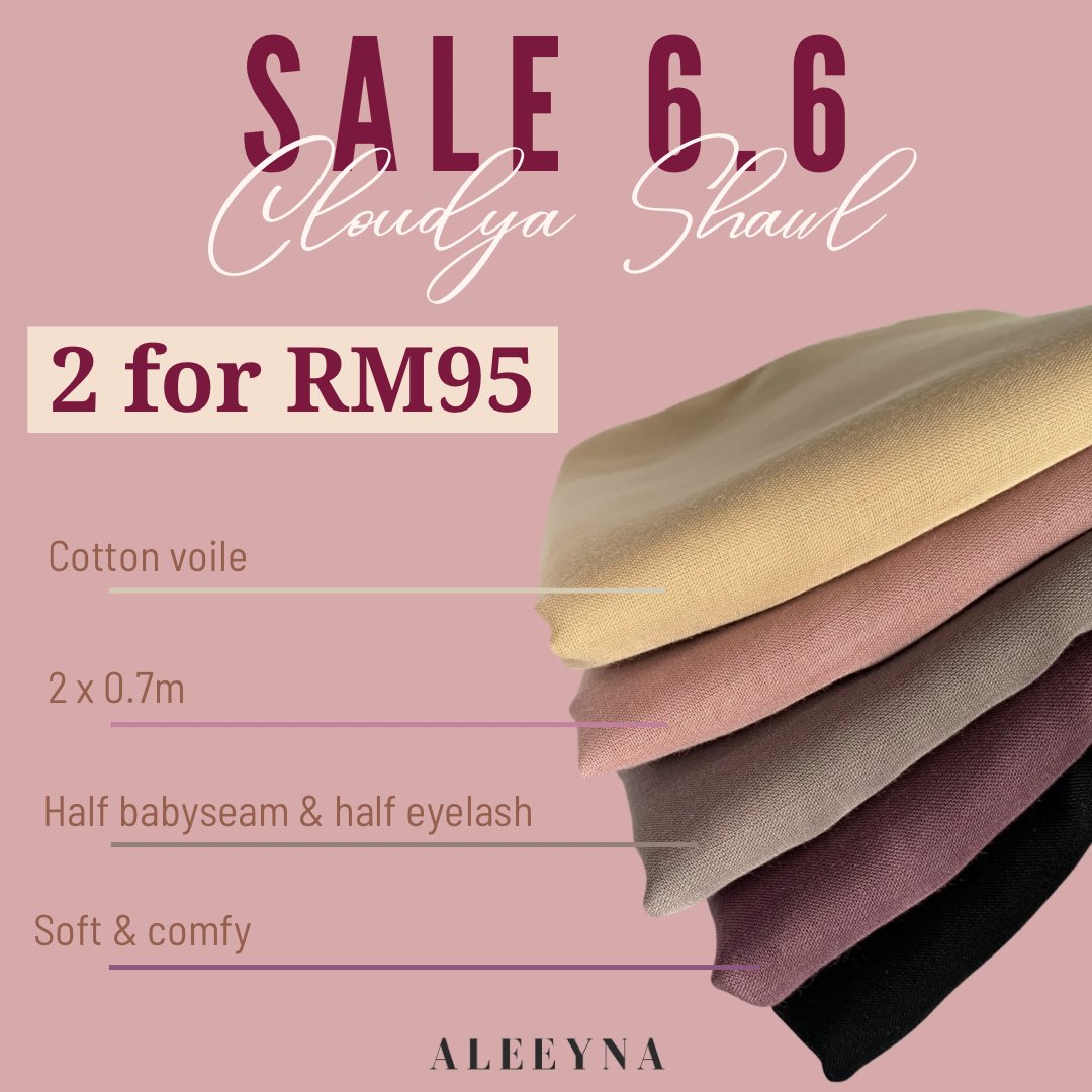 aleeynahijab's tweet photo. GOOD NEWS 😍😍

Rosa Satin Shawl &amp; Cloudya Shawl are on sale now!! Siapa yang teringin nak grab, this is your time to shine ✨✨

Kita ada combo price &amp; free shipping tauuu, banyak sangat jimat. Ajak family &amp; besfren sekali share beli 😍

🛒 https://t.co/fPKwJliNV5 https://t.co/pMRmHqceLP