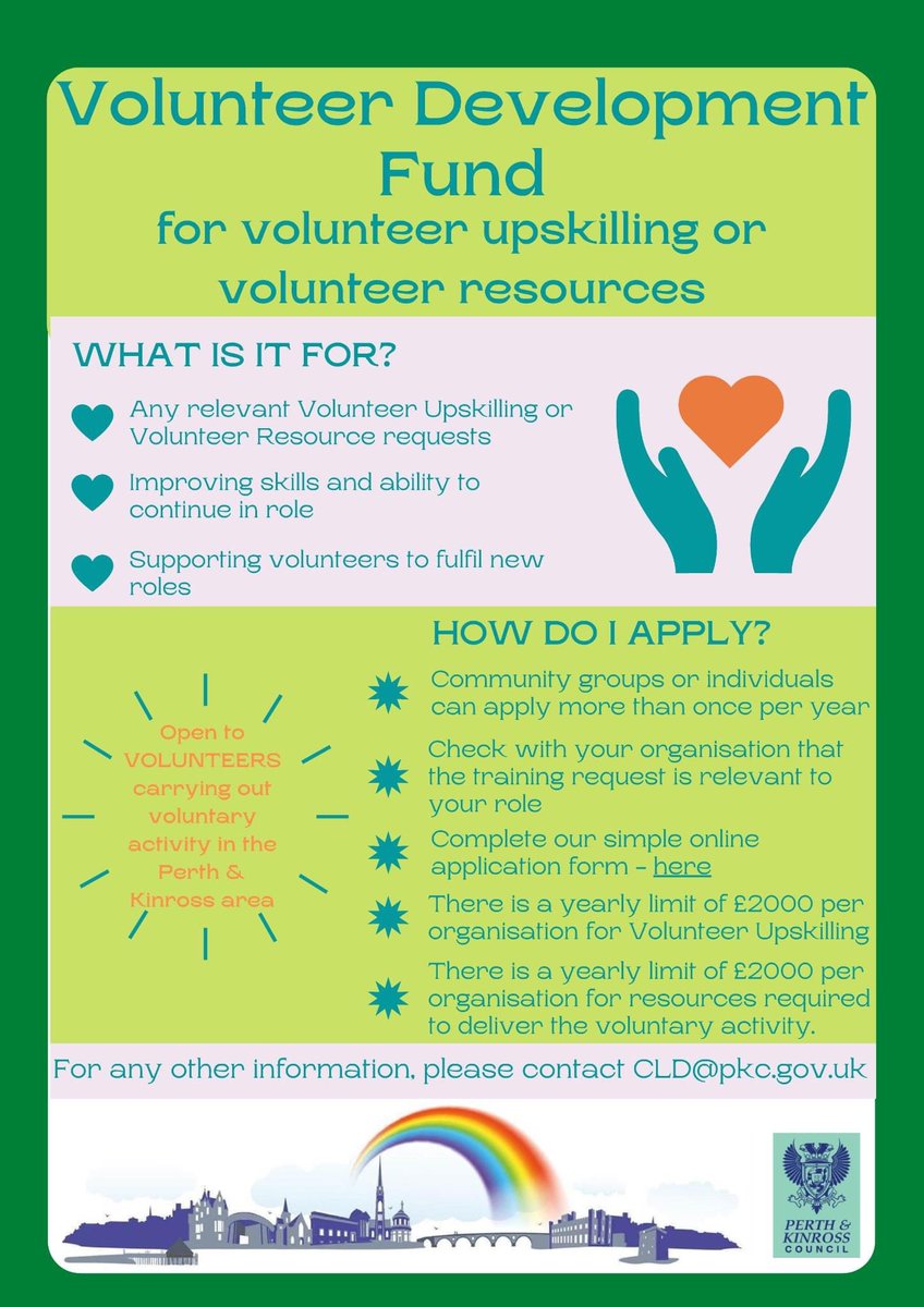 Did you know it’s #VolunteersWeekScot this week? Thanks on to all volunteers across Perth &amp; Kinross for their wonderful contribution 🙌🏻

If you’re a volunteer/voluntary organisation have a look at the info below, applications are open now 🤩🤞🏻

#VolunteersWeek2022 #becauseofCLD
