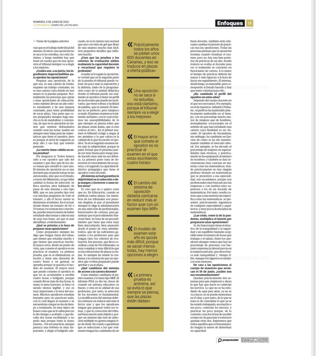 Hoy <a href="/periodicoeldia/">El Dia</a> y <a href="/laprovincia_es/">La Provincia</a> publican una interesante entrevista a nuestro presidente, Francisco Rodríguez Machado, sobre las oposiciones a los cuerpos docentes, tema de candente actualidad. Texto completo aquí 👇#oposicionesdocentes <a href="/USIE_IE/">USIE Inspección Ed.</a> <a href="/educaciongob/">Ministerio de Educación, FP y Deportes</a> @EducacionCan