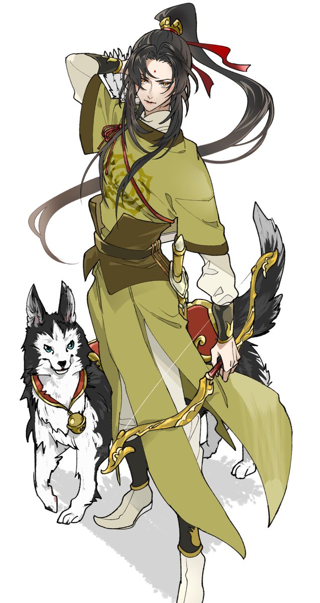 1boy male focus long hair dog black hair weapon bow (weapon)  illustration images