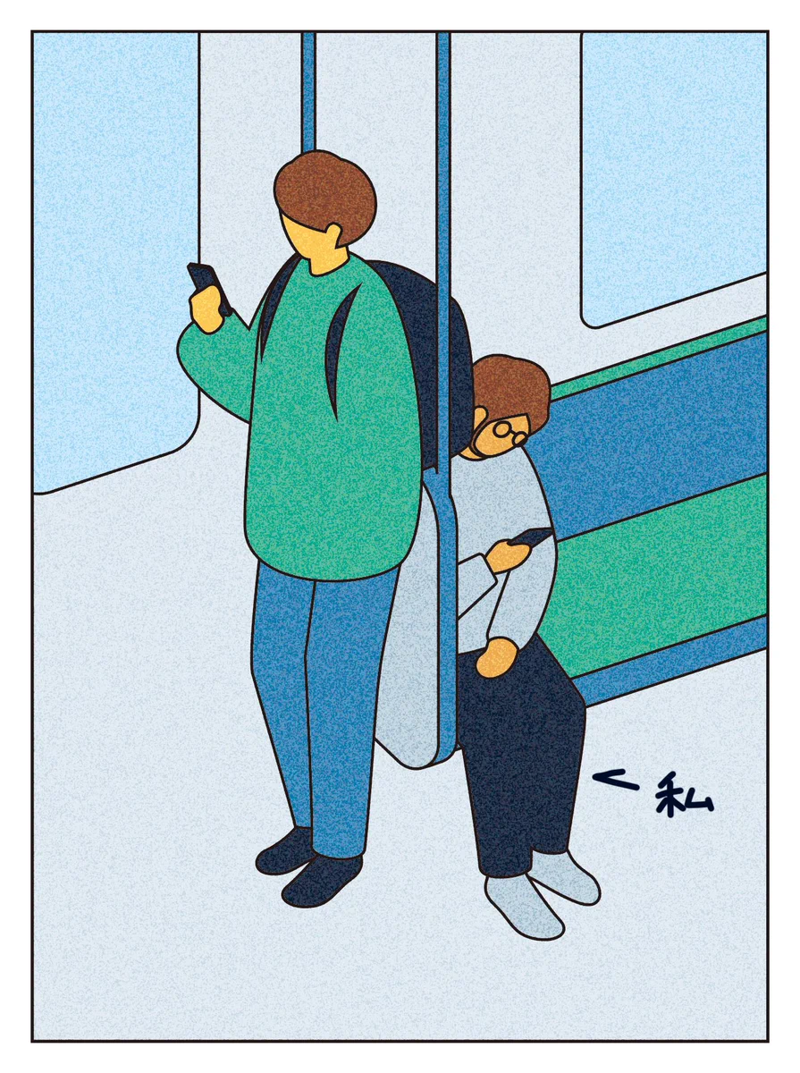 電車内ドア付近あるある！もたれかかった人の鞄が直撃した図。