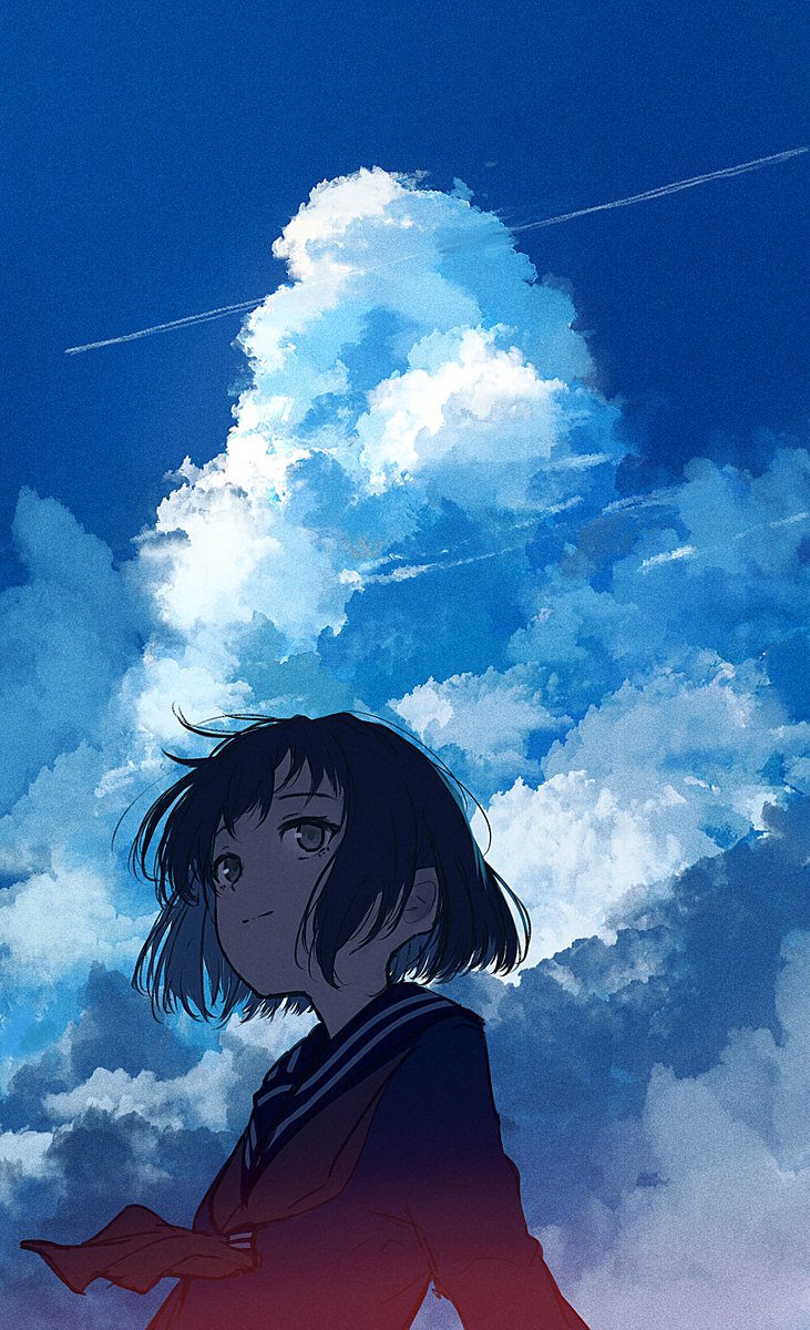 1girl solo school uniform sky serafuku short hair cloud  illustration images