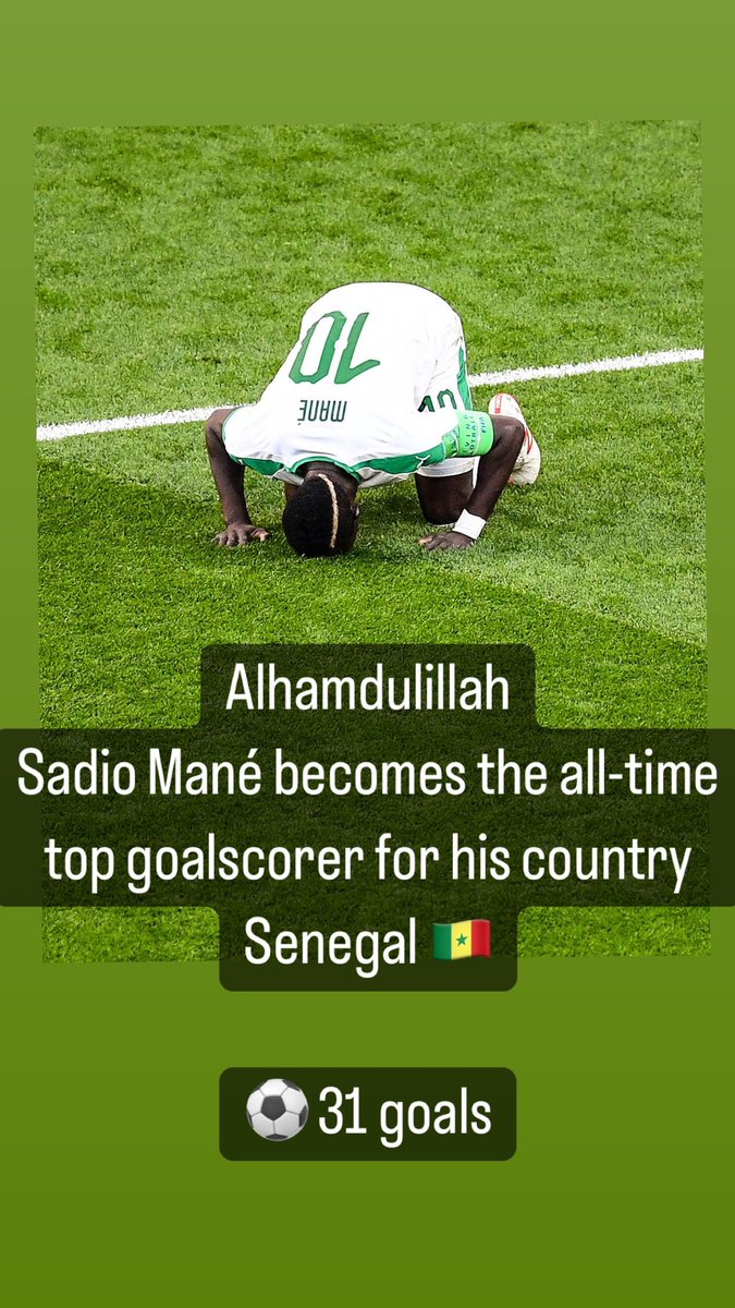 MuslimFootballr's tweet photo. Alhamdulillah, @SadioMane10FP becomes the all time top goal scorer for his country Senegal 🇸🇳 

#Alhamdulillah #muslimfootballers #Sadio #Mane #Senegal https://t.co/GJpng6htzL