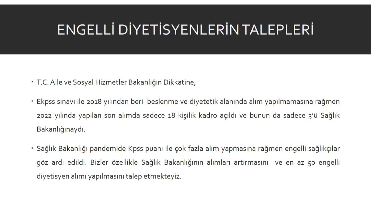 <a href="/EmineErdogan/">Emine Erdoğan</a> Engelli diyetisyenler özellikle Sağlık Bakanlığının ekpss diyetisyen kadrolarını artırmasını bekliyor. <a href="/RTErdogan/">Recep Tayyip Erdoğan</a> <a href="/EmineErdogan/">Emine Erdoğan</a>  <a href="/saglikbakanligi/">T.C. Sağlık Bakanlığı</a> <a href="/tcailesosyal/">T.C. Aile ve Sosyal Hizmetler Bakanlığı</a> <a href="/drfahrettinkoca/">Dr. Fahrettin Koca</a> <a href="/deryayanikashb/">Derya Yanık</a> <a href="/iletisim/">T.C. İletişim Başkanlığı</a>  <a href="/avfatmaoncu/">Av.Fatma Öncü</a> <a href="/SbhttnAydin/">Sabahattin Aydın</a> <a href="/drtolgatolunay/">Tolga TOLUNAY</a> <a href="/HMBakanligi/">T.C. Hazine ve Maliye Bakanlığı</a> <a href="/tcbestepe/">T.C. Cumhurbaşkanlığı</a>