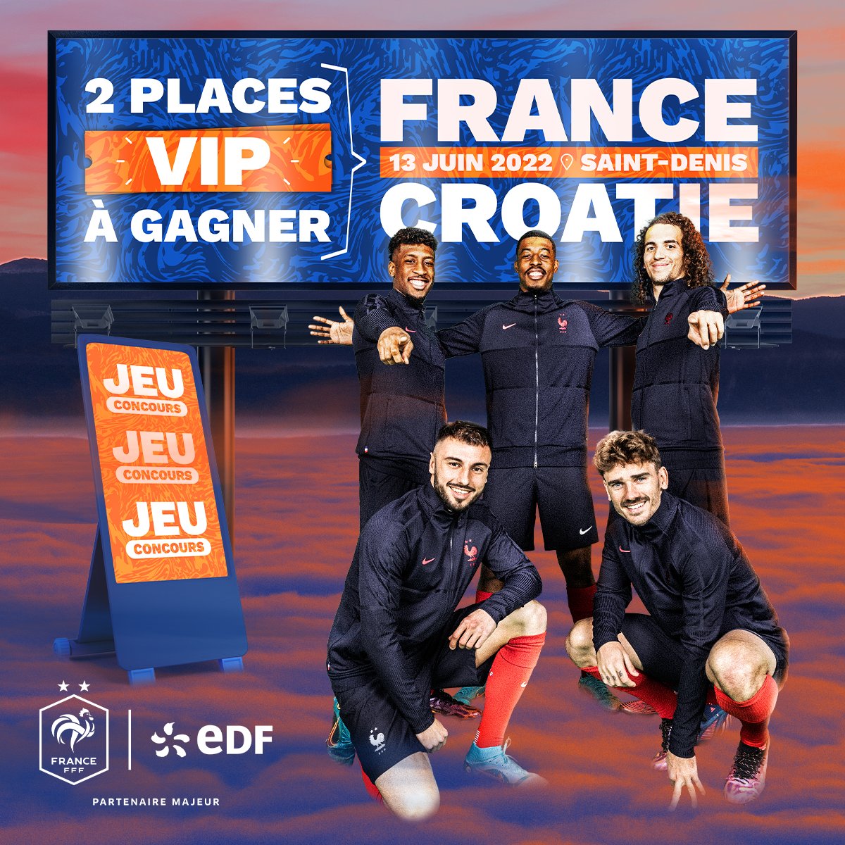 EDF_Foot's tweet photo. 🔥 𝐉𝐄𝐔 𝐂𝐎𝐍𝐂𝐎𝐔𝐑𝐒 🔥

Lundi 13 juin, les Bleus recevront la Croatie pour la dernière rencontre de leur saison ! Pour tenter de remporter 2 places VIP pour ce choc :
✚ RT ce tweet
✚ Follow @energiedufoot

TAS le 11/06 à 12h ! Bonne chance à tous 🤞 #EnergieduFoot https://t.co/lynZL4xPWq