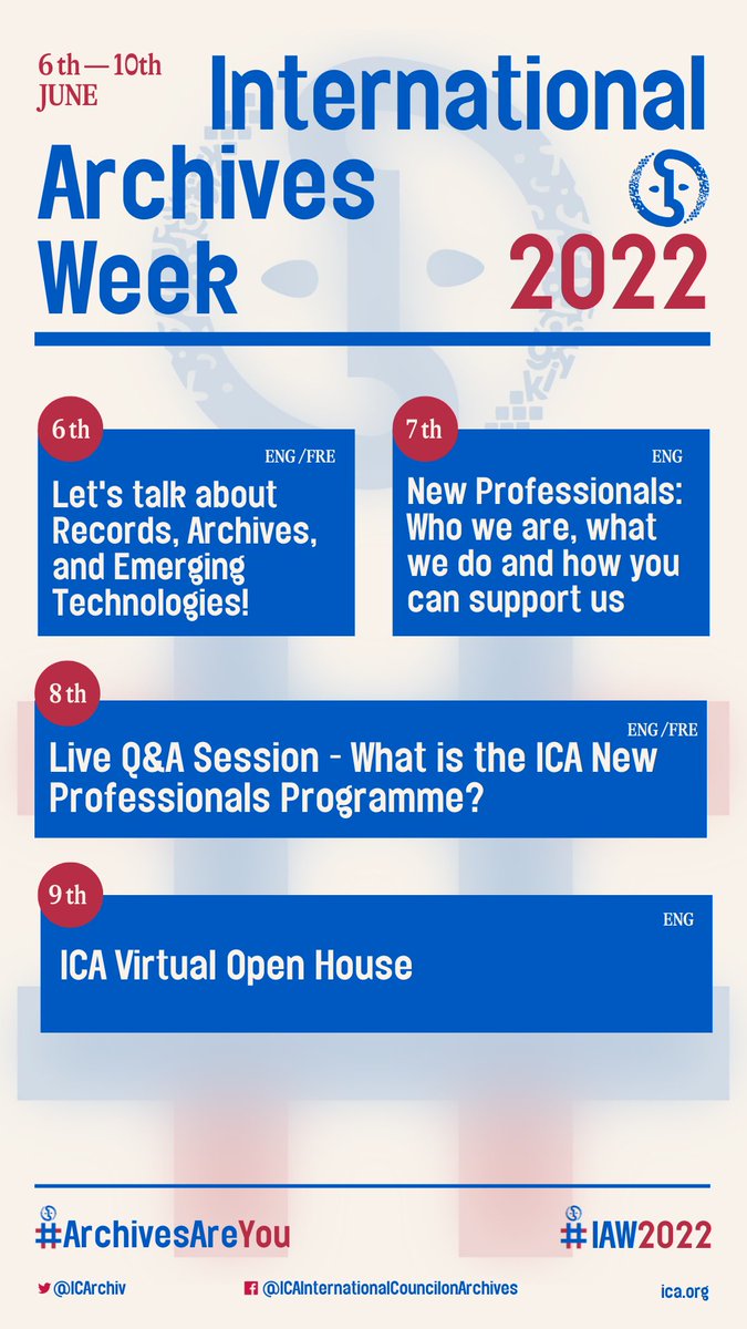 Tomorrow is the first day of International Archives Week! 😲 #IAW2022

We've got 5 webinars planned for the week, including a members only event, 3 events with our @ICArchiv_NPs and an ICA Virtual Open House with the ICA Secretariat.

Check it out >>> bit.ly/3wZ7sCI