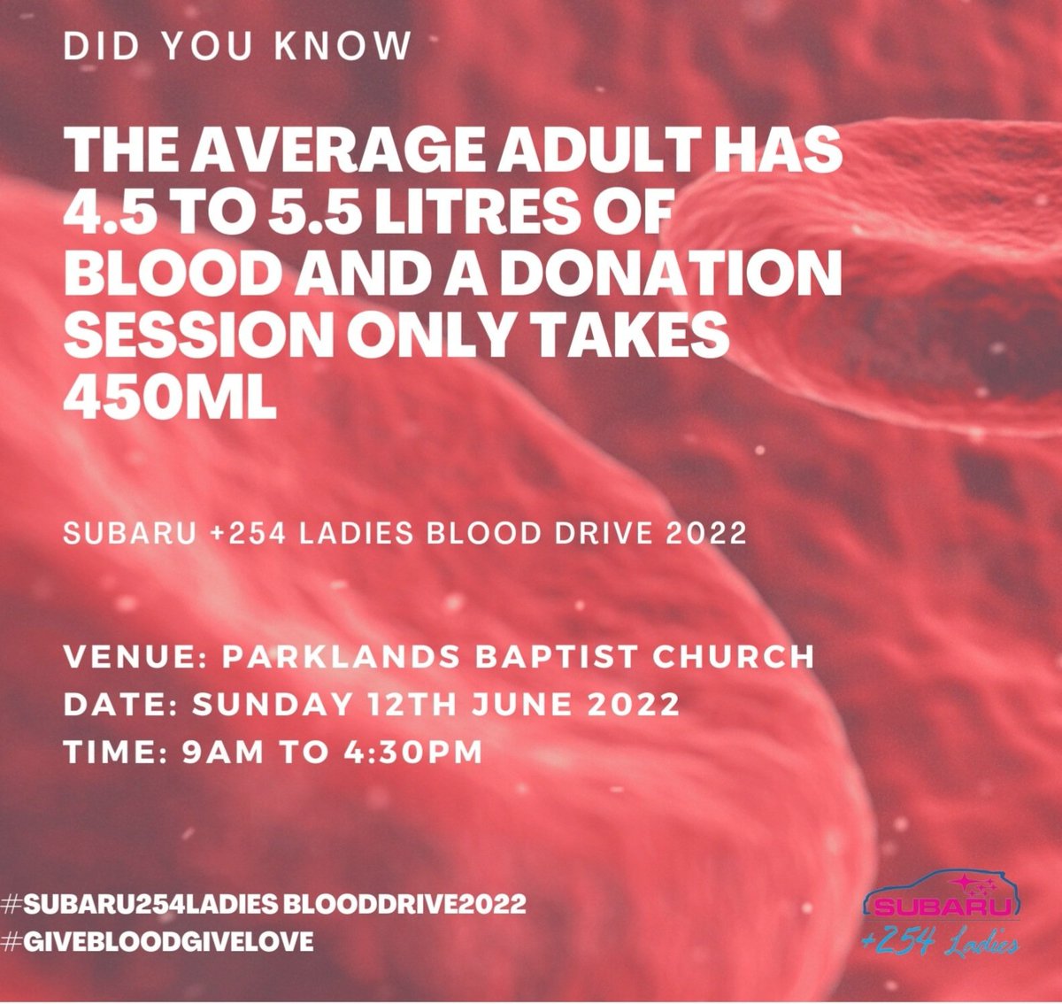 Subaru254Ladies's tweet photo. Did you know you have enough blood in your body to donate and not run out. Don't let fear of running out stop you from donating.
Venue: Parklands Baptist Church 
Date: Sunday 12th June 2022
Time: 9a.m to 4:30p.m
#Subaru254LadiesBloodDrive2022
#GiveBloodGiveLove https://t.co/lzNO4tYQ5B