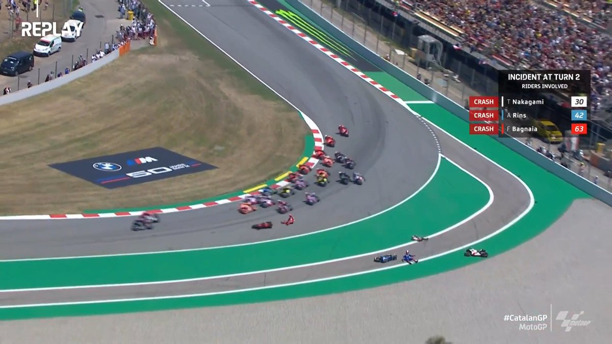 MotoGP's tweet photo. FIRST TURN CHAOS! 🤯

Bagnaia, Rins and Nakagami crash OUT! 🛑

#CatalanGP 🏁 https://t.co/YtWZ3JaJwa