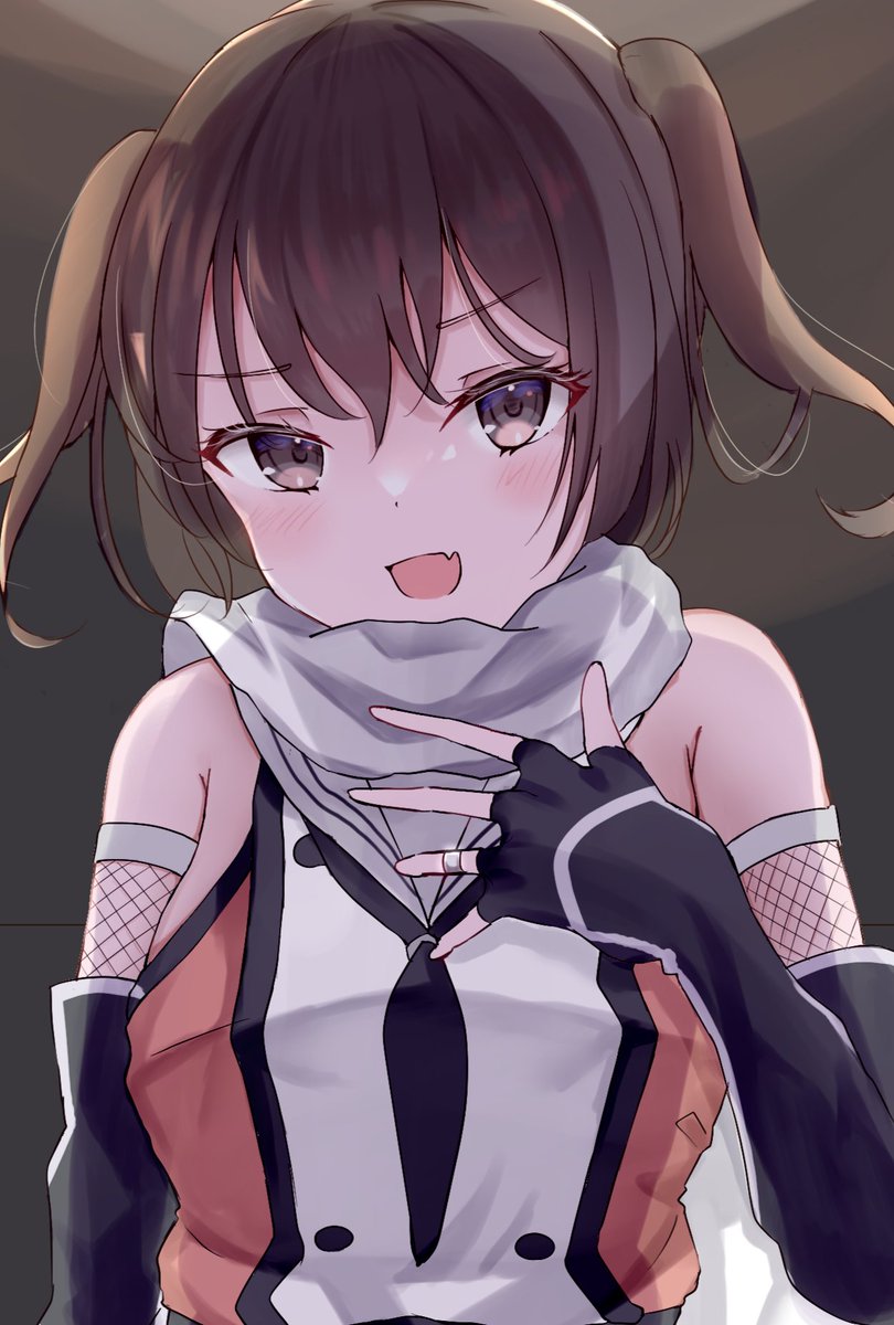 sendai (kancolle) ,sendai kai ni (kancolle) 1girl solo gloves two side up white scarf brown eyes fingerless gloves  illustration images