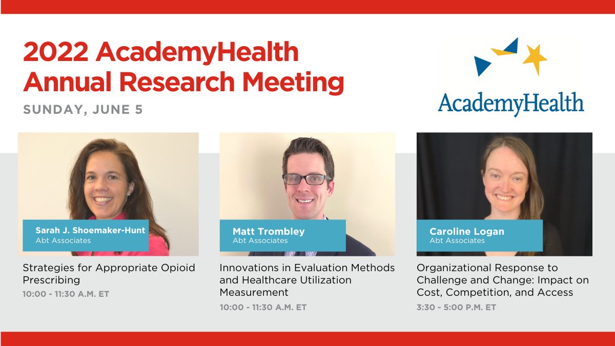 AbtGlobalImpact's tweet photo. Today at @AcademyHealth #ARM22: hear from @sarahjshoemaker, Matt Trombley, and Caroline Logan about appropriate opioid prescribing, evaluation innovations, and more.

See our presentation schedule: https://t.co/OHYQ0tI2sB https://t.co/W1o3kT2QAL