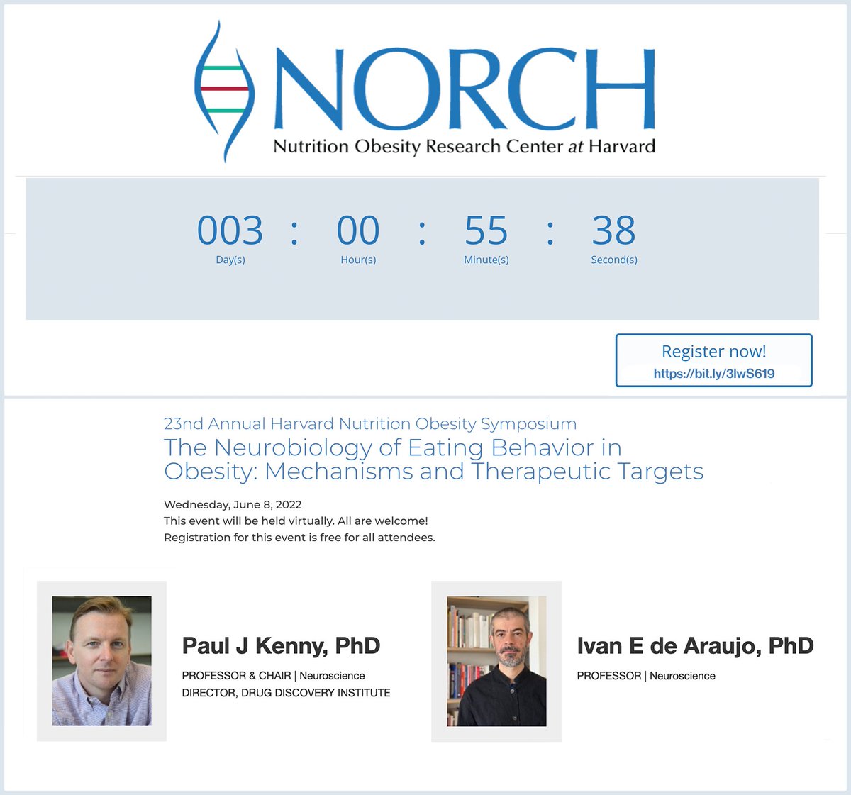 ⌛️FINAL COUNTDOWN until the 23rd Annual Harvard Nutrition Obesity Symposium! GREAT LINEUP of speakers: <a href="/jfcryan/">John F. Cryan</a> <a href="/SteveGrinspoon/">Steve Grinspoon</a> <a href="/VibhaSinghalMD/">Vibha Singhal</a> <a href="/FrankieDHeyward/">Frankie D Heyward, Ph.D.</a> <a href="/HolsenLaura/">Laura Holsen</a> <a href="/DrMarciGluck/">Marci Gluck, PhD</a> <a href="/drard/">Jamy D. Ard</a> <a href="/FerrarioLab/">Carrie Ferrario</a> @PaulJK27, Ivan de Arujo and more! REGISTER NOW👉bit.ly/NEBOinfo