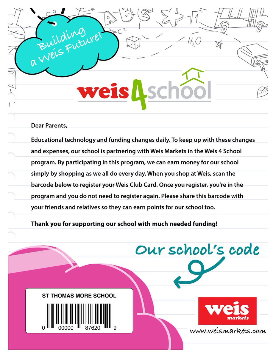 #STMfamily Register your Weis Markets Club Card and help to earn money for St. Thomas More School every time you shop at Weis! Register at WeisMarkets.com using the STM barcode! Thank you for supporting our school with much-needed funding! #STMspirit ❤️🖤