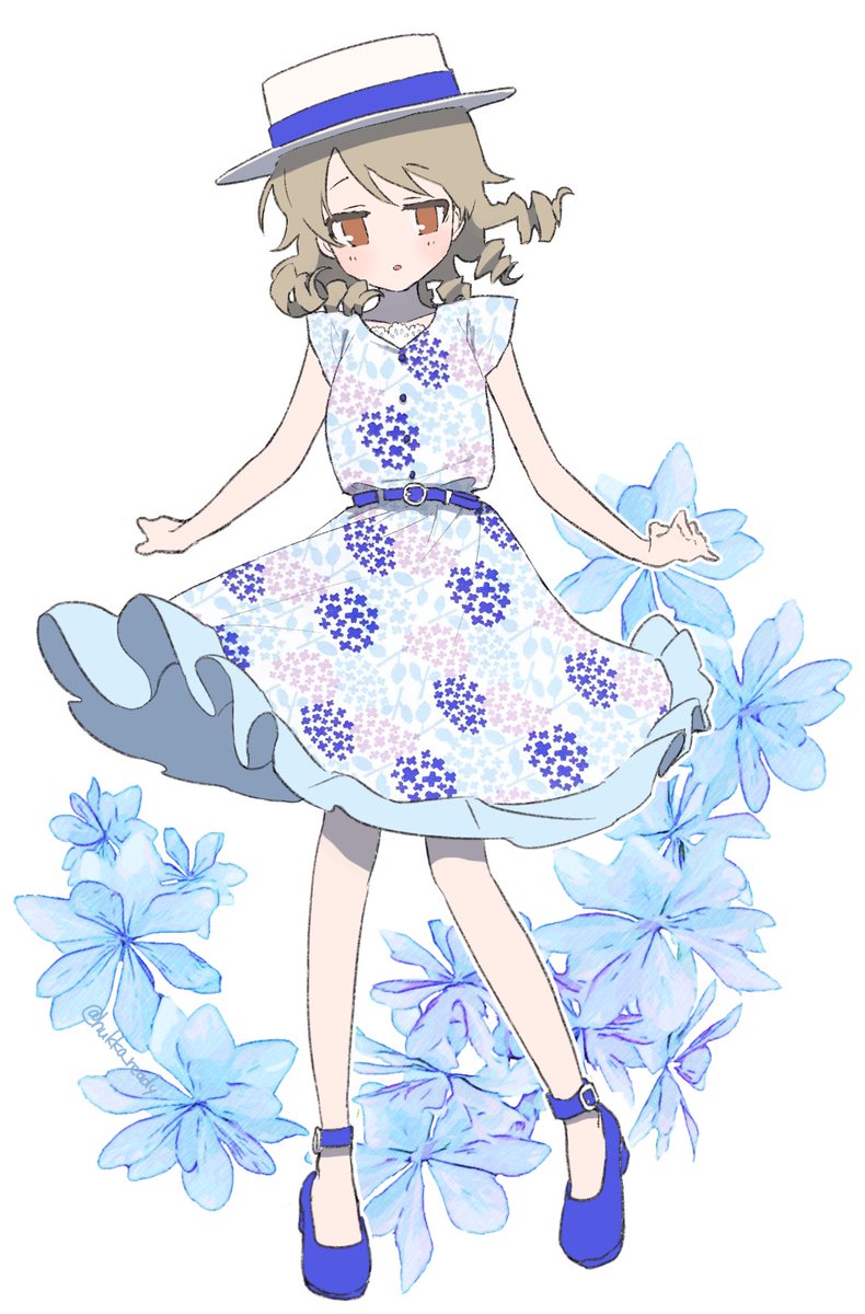 morikubo nono 1girl solo dress hat floral print blue footwear white headwear  illustration images