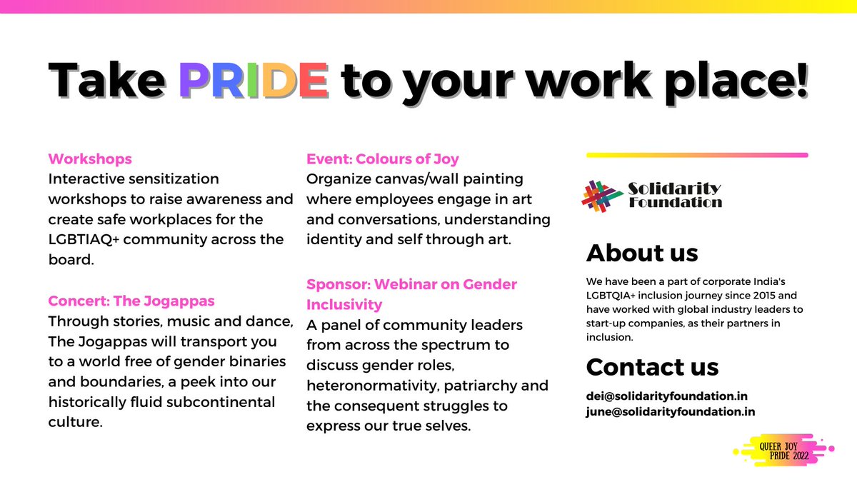 SolidarityFound's tweet photo. Take the first step towards building safe, inclusive and respectable workplaces. Here’s how!

🌈Workshops, Webinars, Concerts, Wall painting - Choose your event
🌈Connect with Solidarity Foundation 
🌈Learn about #pride and #LGBTIAQ inclusion from the community https://t.co/2ITM02EcYy