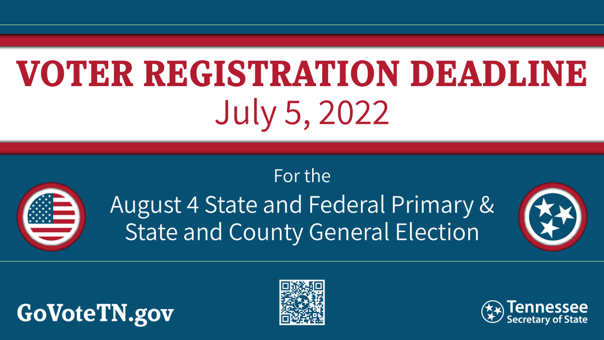 tnsecofstate's tweet photo. The voter registration deadline to cast a ballot in the Aug. 4 State and Federal Primary &amp; State and County General Election, is one month from today. To register or update your registration in minutes visit https://t.co/eBiL9iCq3y. #GoVoteTN #YourVoteMattersTN https://t.co/8S94OKrX9w