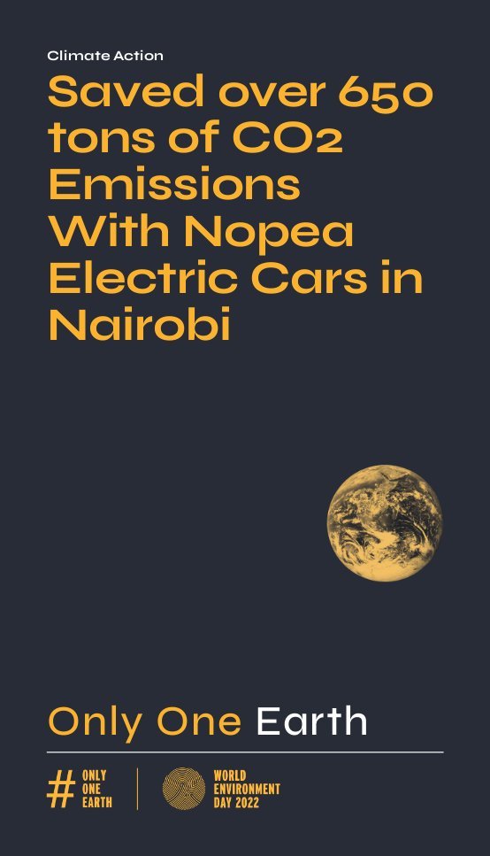 Happy  #WorldEnvironmentDay
Nopea has the largest Electric Vehicle Taxi fleet in Africa, and we are growing⚡️🚕🌞

#OnlyOneEarth #cleanmobility #electricvehicles #EVs #NopeaRide