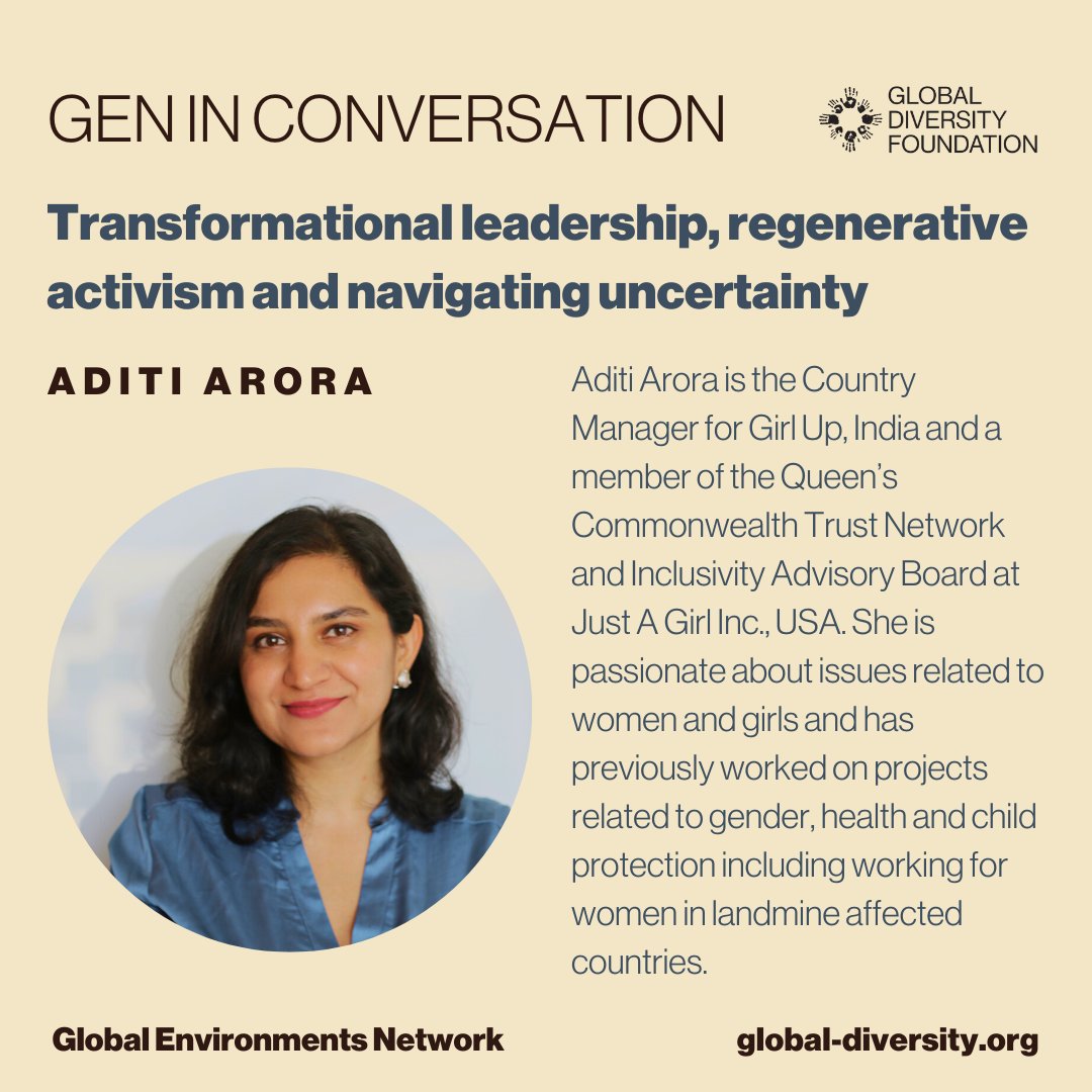 GlobalEnvirons's tweet photo. Join us on June 14 from 16:00-18:00 BST for a GEN in Conversation panel discussion on “Transformational leadership, regenerative activism and navigating uncertainty"
We will be joined by  Aditi Arora, @FrancesMensahW @cynicdiaries. 

Read more &amp; sign up: https://t.co/77S6zUu616 https://t.co/xupPHCGUgb