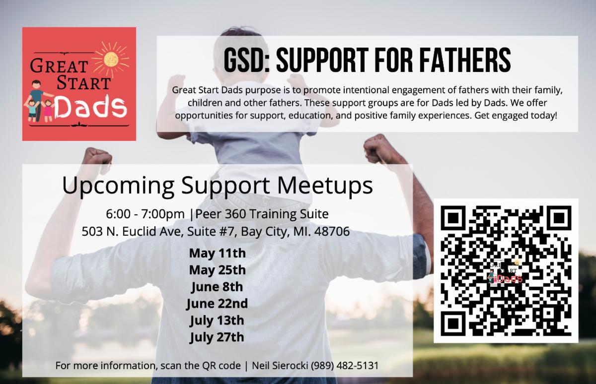 BAGreatStart's tweet photo. Great Start Dads support meetups for dads at PEER 360 Recovery Alliance on July 13 & 27.
#bayarenacgreatstart #greatlakesbayparents #baycountymi #arenaccountymi https://t.co/2vKmEGiDeE