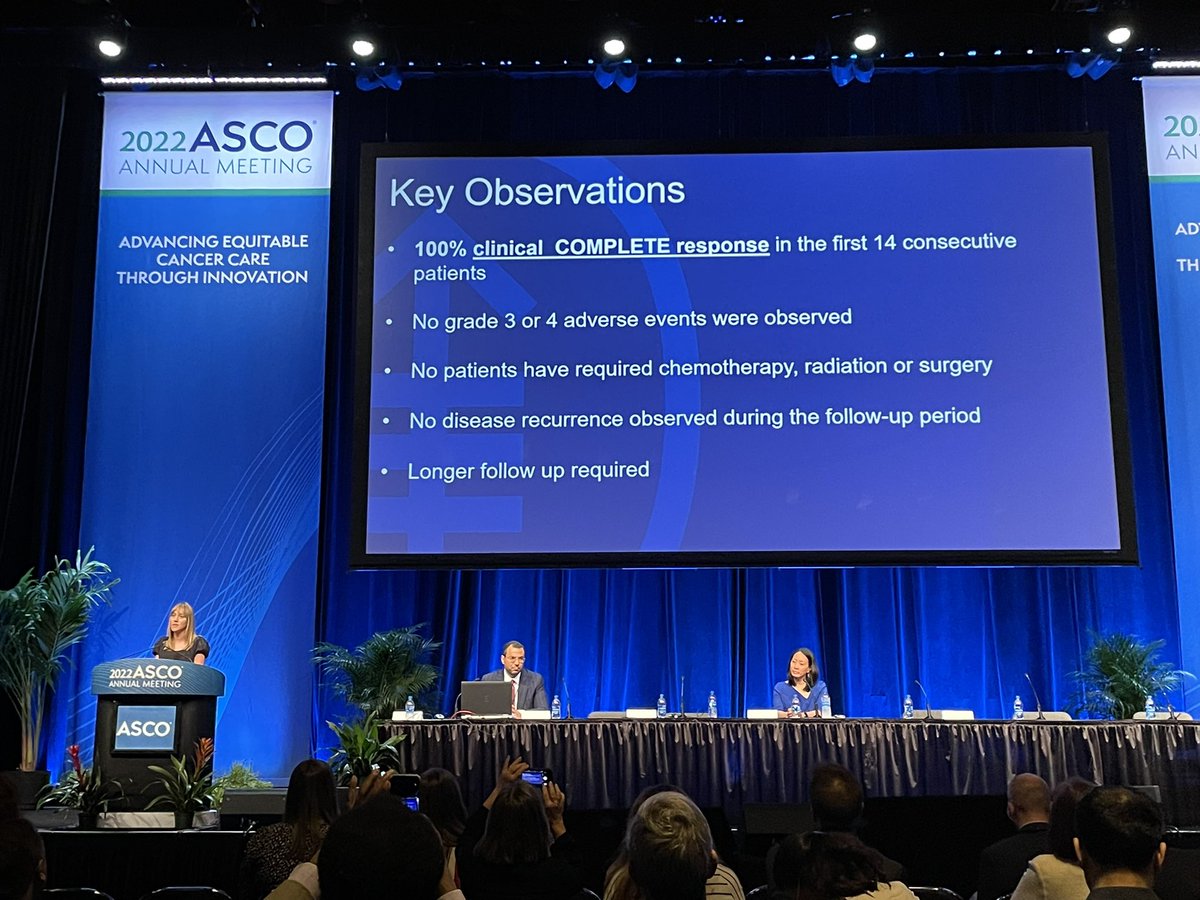 Absolutely unbelievable data by @AndreaCercek @MSKCancerCenter at @ASCO #ASCO2022: 100% CR rate in 14 consecutive high risk (90%+st3) rectal cancer pts w/ Dostarlimab PD1 monotherapy. NO PATIENT REQUIRED CHEMO/SURGERY/RT.  #immunoablative therapy is here + published now in @NEJM