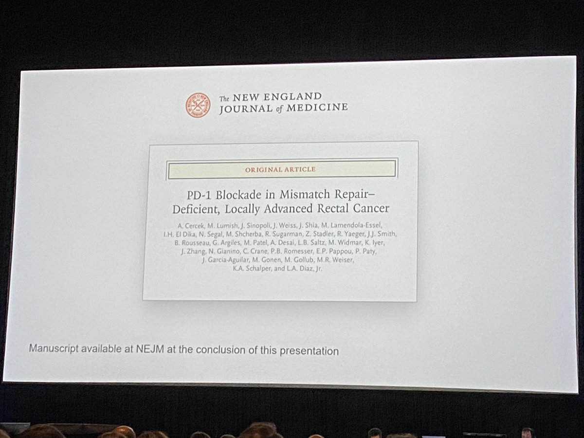 Adductor's tweet image. Phenomenal 100% complete clinical response rate for 14 consecutive locally advanced #rectalcancer by #dostarlimab presented by @AndreaCercek @MSKCancerCenter published @NEJM #ASCO2022 

On our way to practice-changing non-operative organ-sparing management in #lynchsyndrome