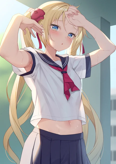 汗を拭く妹 