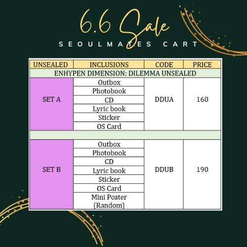 ‼️Only for 6.6 SALE‼️
LIMITED STOCKS ONLY
WTS | LFB

🌸 ENHYPEN DIMENSION:DILEMMA UNSEALED
(Random Version)

Mine + Code 

✅ON HAND
✅Can do COD (with added fee)
✅ SCO | GGX | SSD

📍 RIZAL | MARIKINA