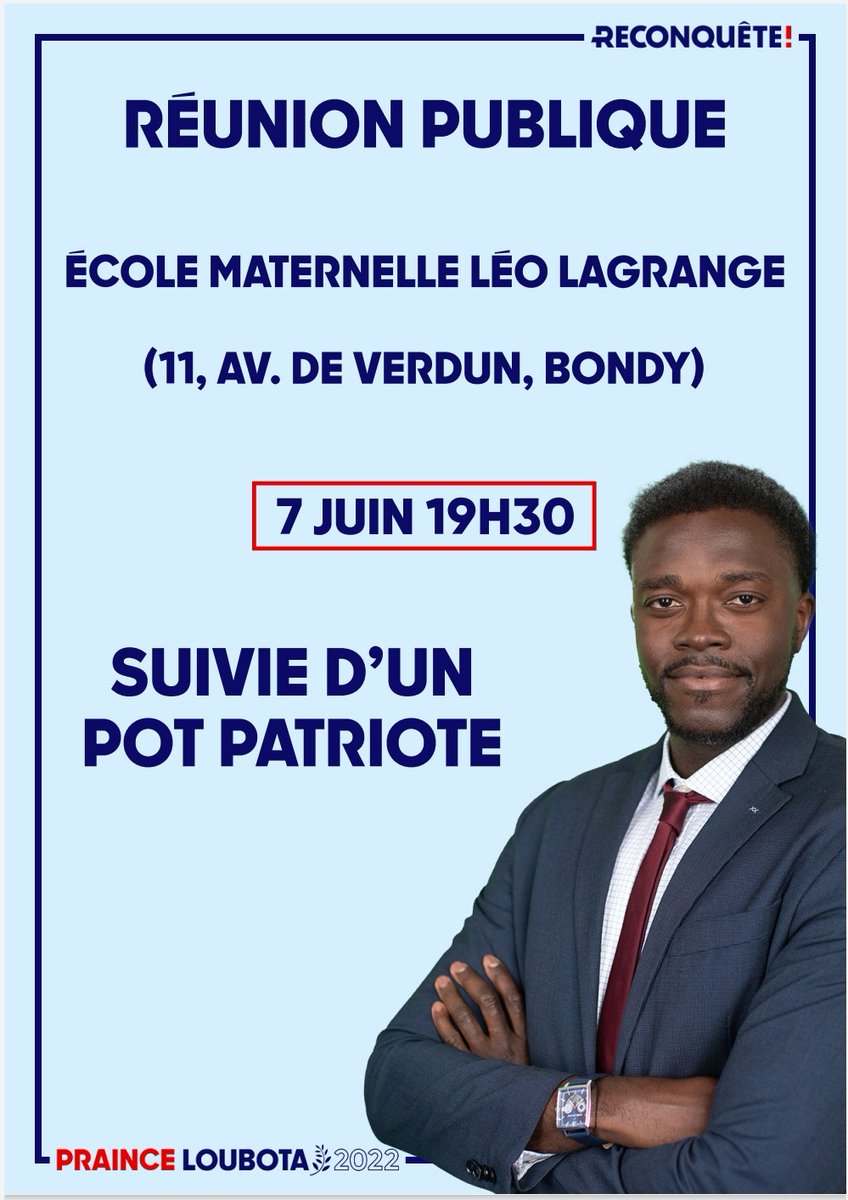 Pr1cedechezloub's tweet photo. La France nous appelle, alors La #Reconquete continue. À Mardi les amis! #Legislatives2022 @AulnaySousBois @VilledeBondy @LesPavillonsSousBois https://t.co/eMQg2tNBJy