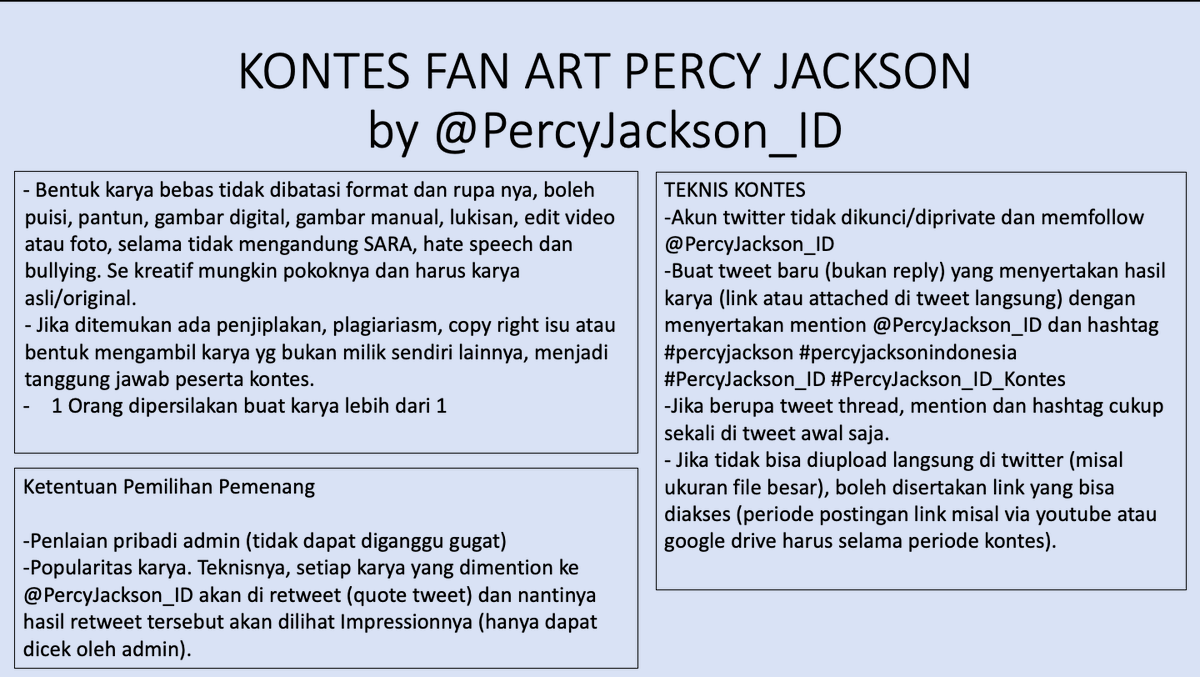 PercyJackson_ID's tweet image. Summary Ketentuan dan Teknis Kontes #percyjackson #percyjacksonindonesia #PercyJackson_ID #PercyJackson_ID_Kontes