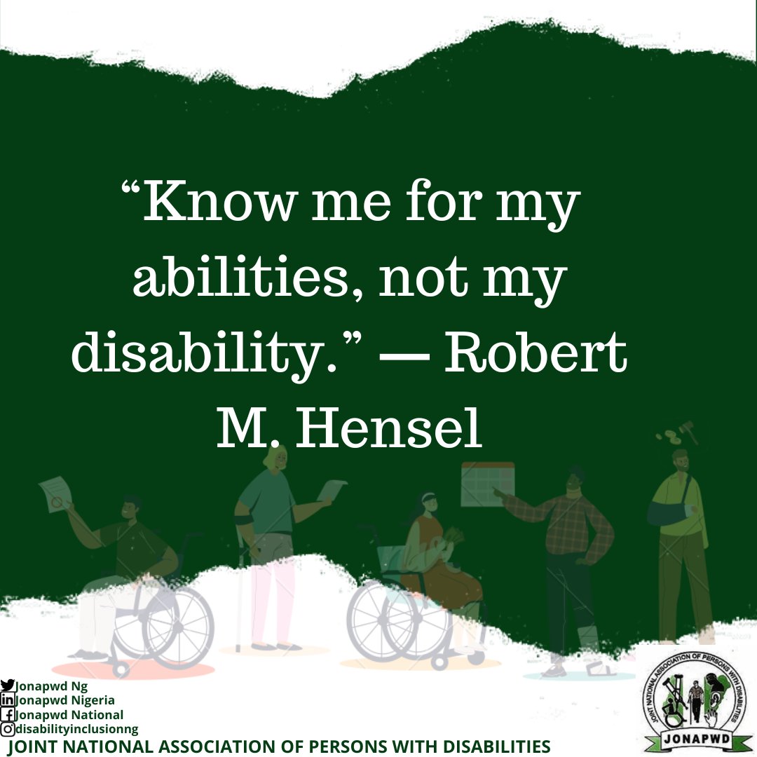 JonapwdNg's tweet photo. βKnow me for my abilities, not my disability.β β Robert M. Hensel
#jonapwd #sunday #disabilityawareness #disabilityinclusion #rightsofpersonswithdisabilities #fordfoundation #cbmglobal #crpd #inclusion #nondiscrimination #ida #opd #placng #inable #inec #nigeria
@JonapwdNational https://t.co/XRZgFfe3LA
