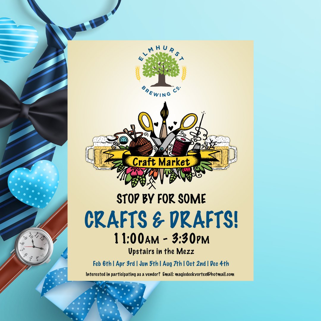 ElmhurstBrewing's tweet photo. Join us today!

Crafts &amp; Drafts from 11am to 3:30pm - Father's Day themed

Relax and grab brunch at Elmhurst Brewing and shop the variety of artists will we have in the beergarden.

#craftsanddrafts #craftmarket #drinklocal #shoplocal #eatlocal #beer #brewery https://t.co/ODy8Tiq14o