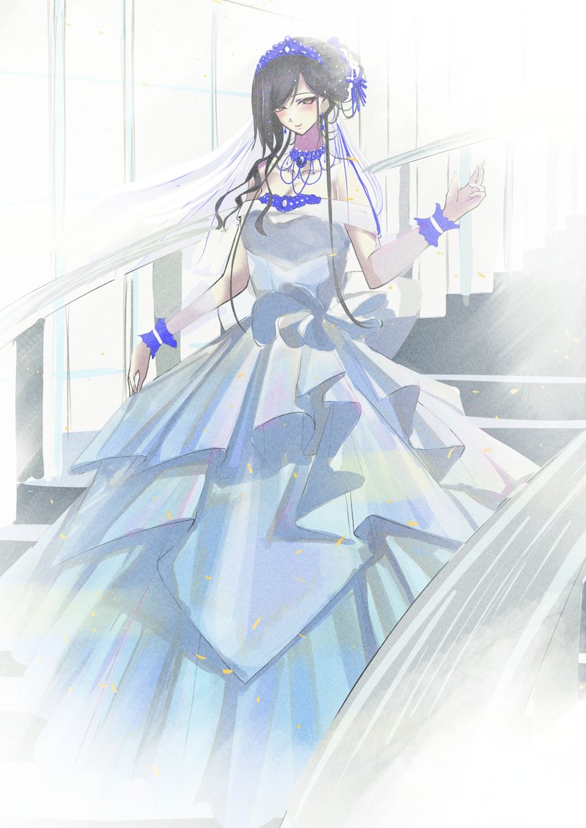 1girl dress wedding dress white dress veil solo black hair  illustration images