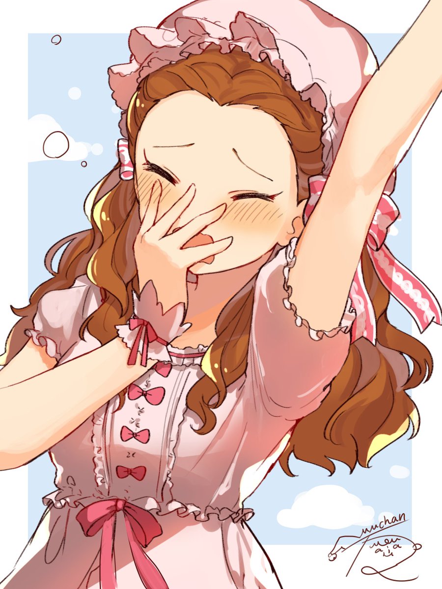 1girl solo brown hair hat blush closed eyes yawning  illustration images