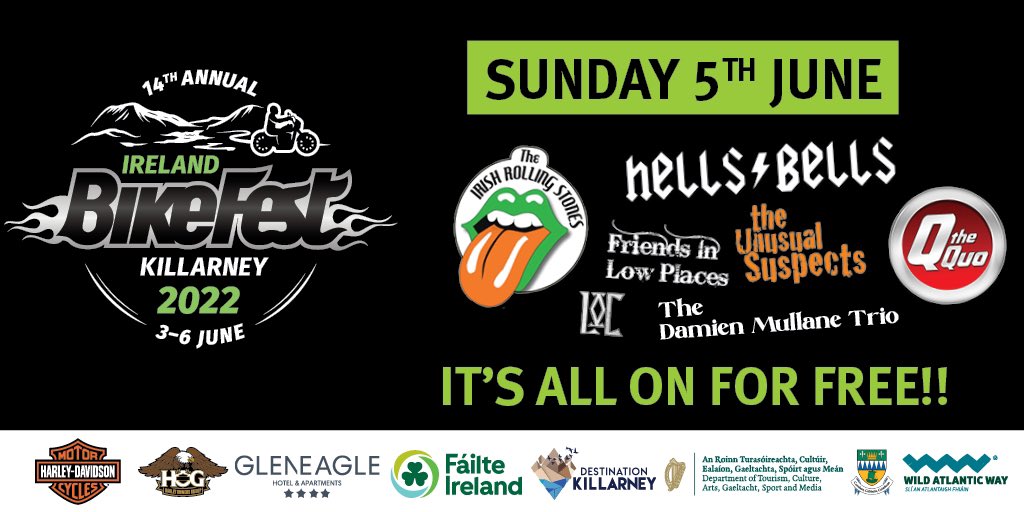 Today’s #irelandbikefest free entertainment kicking off now with the legendary leather clad Liam O’Connor on the #BikeVillage outdoor stage. Check out the lineup for the rest of the day it’s epic ⬇️ <a href="/countykerry/">Kerry County Council - Comhairle Contae Chiarraí</a> <a href="/KerryCoArts/">Kerry County Arts</a> #LocalLive @GleneagleHotel @GlenINECArena <a href="/Harley_UKI/">Harley-Davidson UK & Ireland</a>