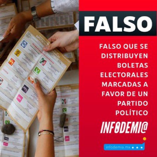 infodemiaMex's tweet photo. 🚨#FakeNewsAlert
❌ #Falso que se distribuyen #boletas electorales #marcadas a favor de un partido político
✔️Las boletas son infalsificables y están adheridas a un talón, además, están en posesión del presidente de casilla.
👉 https://t.co/E1FVHV6mqe https://t.co/FEJLzsj5Sy