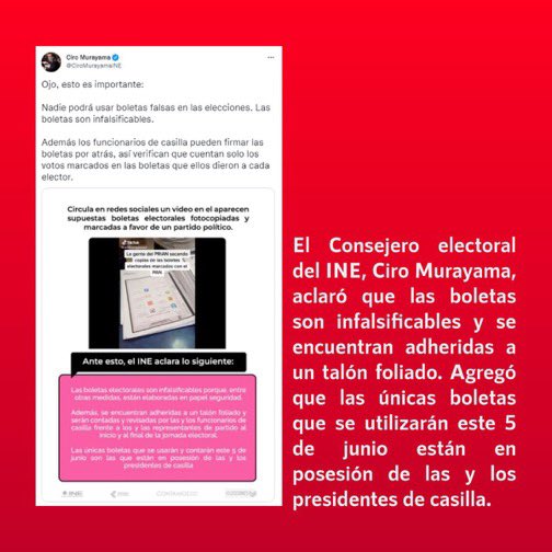 infodemiaMex's tweet photo. 🚨#FakeNewsAlert
❌ #Falso que se distribuyen #boletas electorales #marcadas a favor de un partido político
✔️Las boletas son infalsificables y están adheridas a un talón, además, están en posesión del presidente de casilla.
👉 https://t.co/E1FVHV6mqe https://t.co/FEJLzsj5Sy