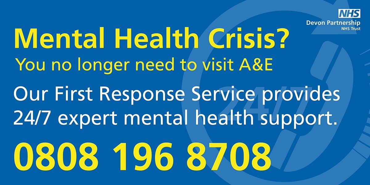 TorbaySDevonNHS's tweet photo. If you are in crisis and in need of urgent #mentalhealth support in #Devon, @DPT_NHS 24/7 #FirstResponseService is here to help.
Call free on 0808 196 8708. Find out more: https://t.co/gW9JgcyZu1 https://t.co/l19j6WFw4Z