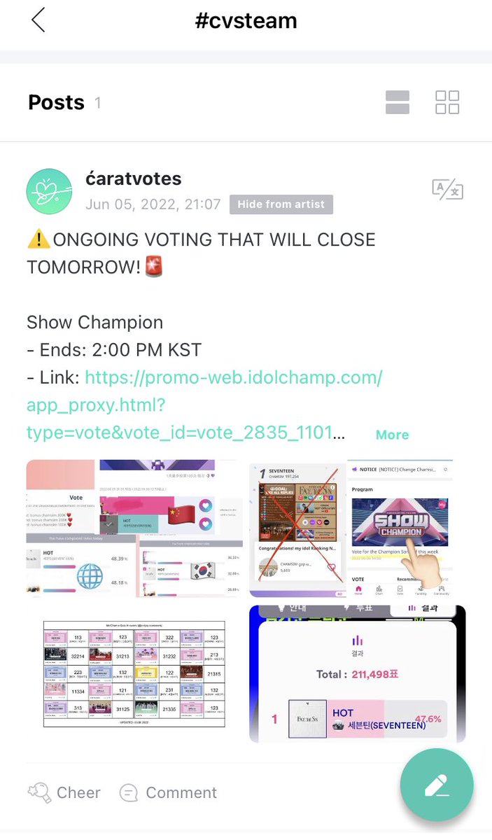 carat_votes's tweet photo. 🚨WEVERS3 BOOST

Hello CARATs 🙆‍♀️Please do hype/boost our post on WEVERSE for ongoing voting tht will ends tomorrow!

We need all CARATs to helpp 🙏🏻 we need to be loud on w3verse too

Type “#cvsteam” in the search bar and find this specific post below 👇👇 https://t.co/OfpnYu6eZU