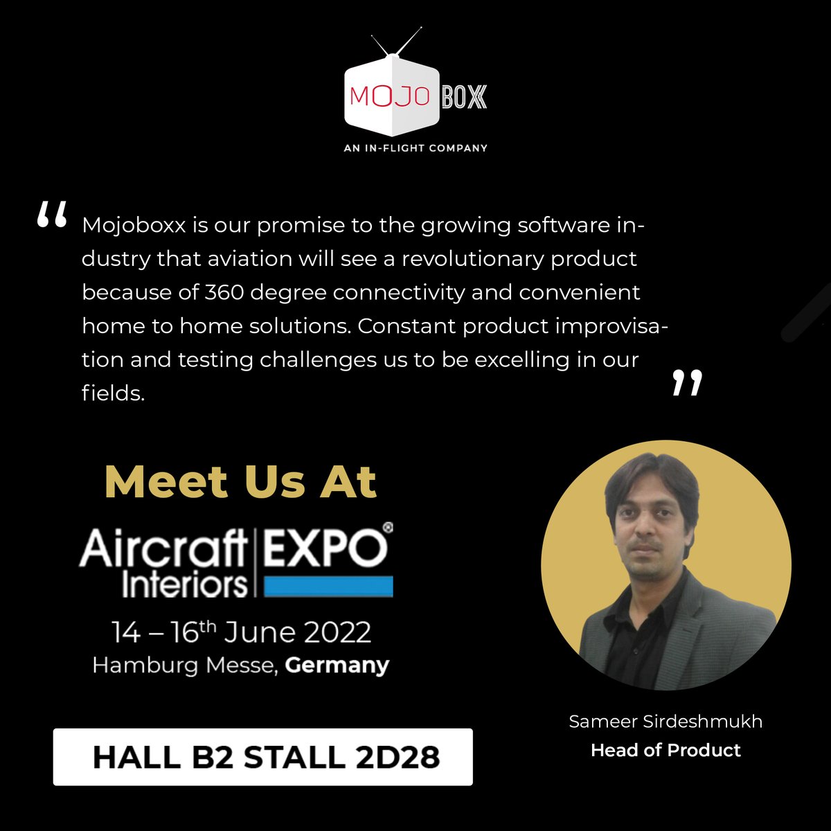 MojoBoxx's tweet photo. Our team is heading to the @aix_expo in Hamburg, Germany with our innovation to showcase an internationally ready product.

Meet us at Stand 2D28 to discover our genie in a box from 14th-16th June, 2022.

#aixexpo2022 #aix #worldexpo #expo2022 #internationalexpo #aircraftinterior https://t.co/9X7OPULLy3
