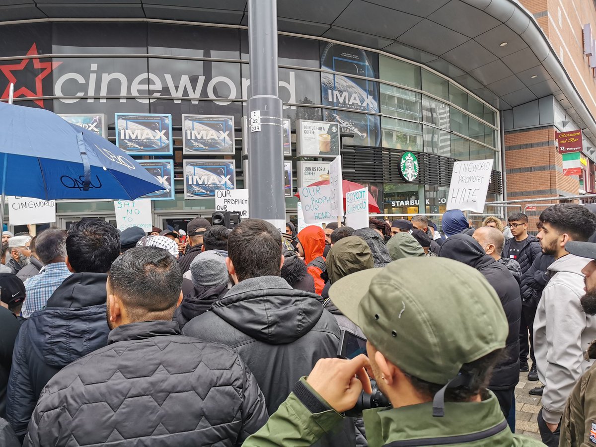200 Muslims protesting the sectarian hate film Lady of Heaven outside Cineworld in Broad Street, Birmingham now.